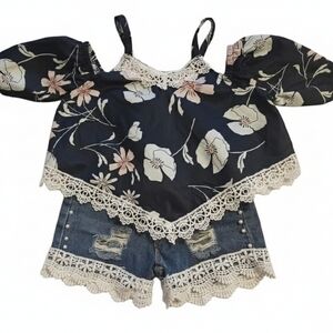 Marie Nicole Pink & Navy Lace Top with Denim Shorts (12/18 mos)